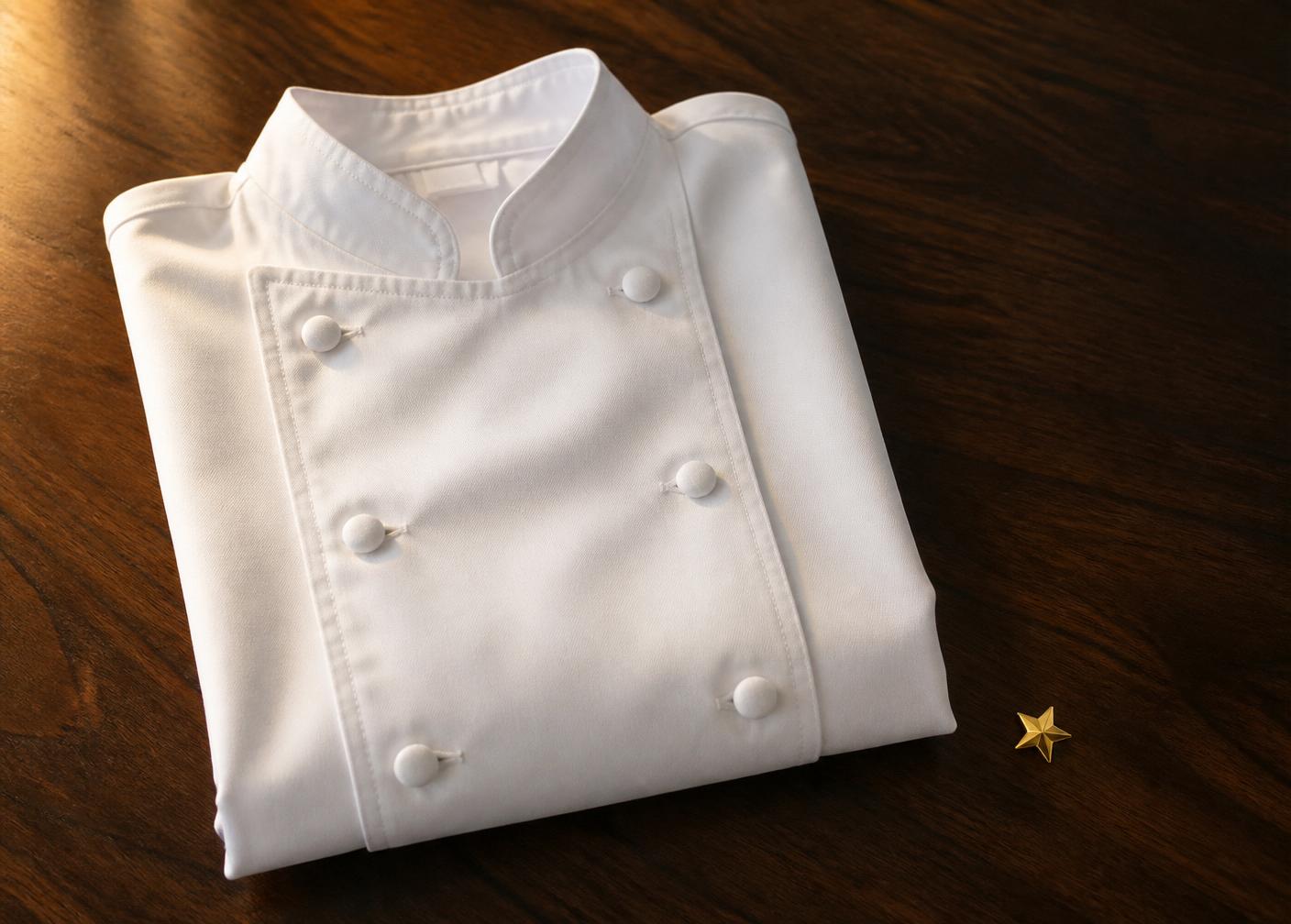 Folded chef's jacket beside a gold star lapel pin