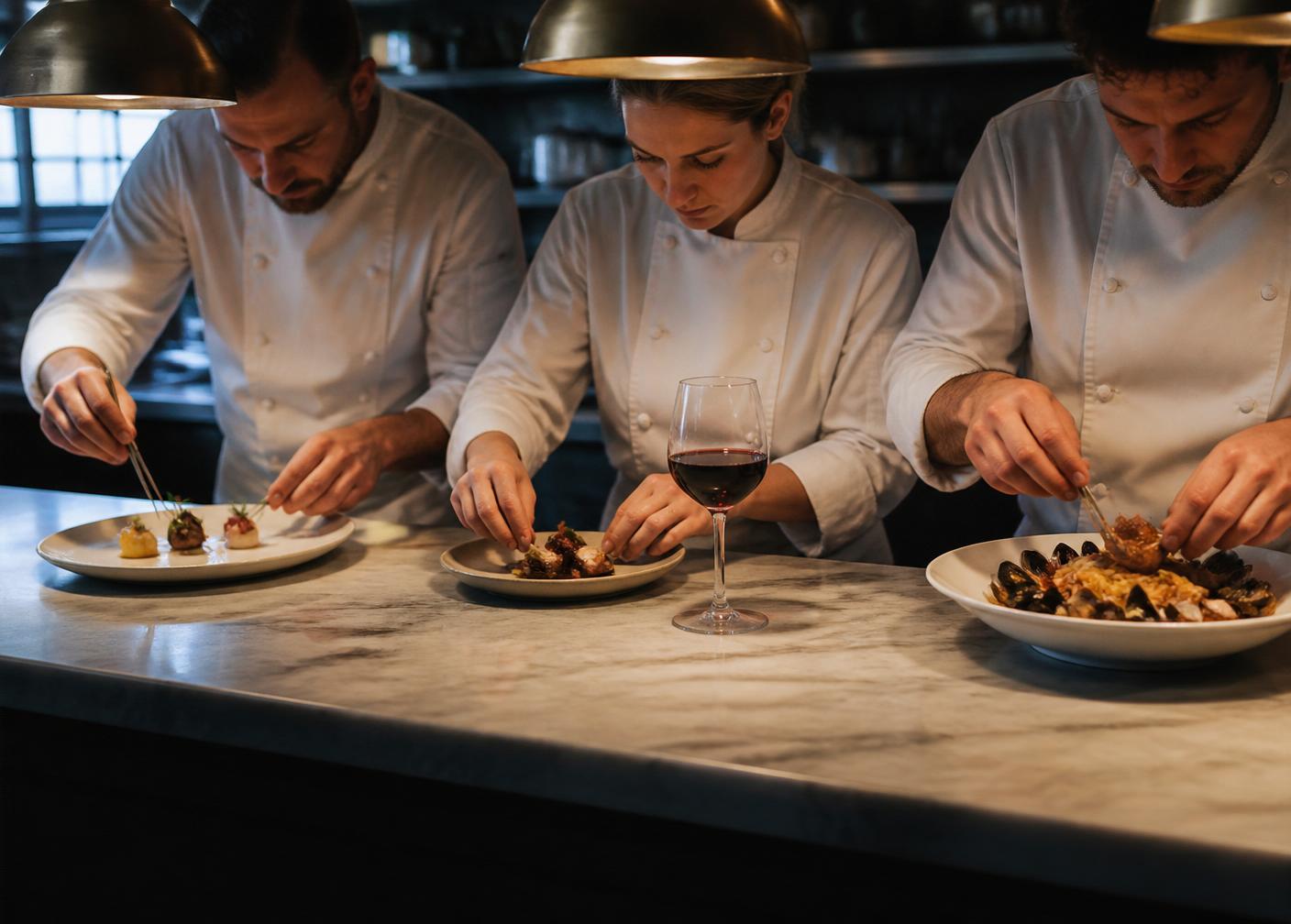 Three chefs plating three distinct dishes side by side on one marble pass